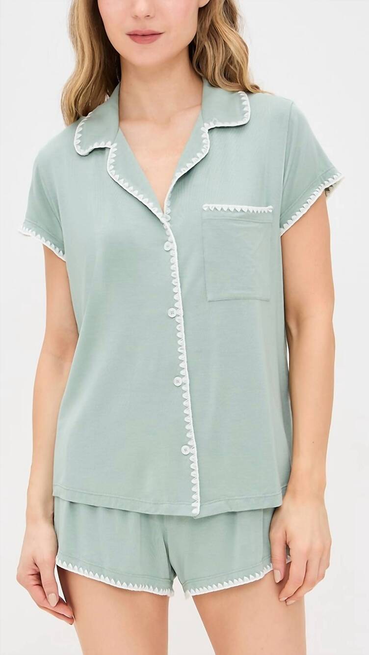 NEW EBERJEY frida tencel modal shortie short pajama set in eucalyptus / ivory